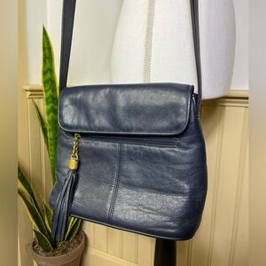 Vintage First Edition Navy Leather Crossbody Bag w/ Gold Tassel